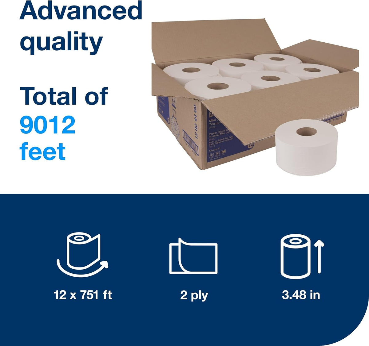 Mini Jumbo Toilet Paper Roll White T2, Advanced, 2-Ply, 12 x 751', 12024402