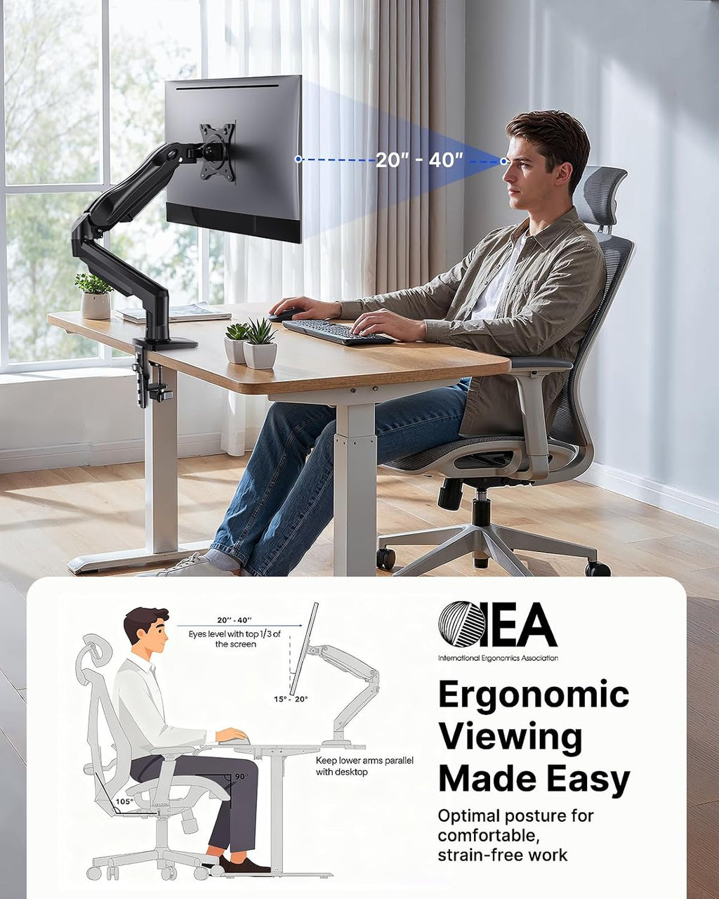 FlowLift Single Monitor Mount, 13 to 32 Inch Monitor Arm, Adjustable Monitor Stand, Vesa Mount with Clamp and Grommet