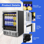 24" 200-Can Beverage Fridge, Under Counter/Freestanding with Glass Door
