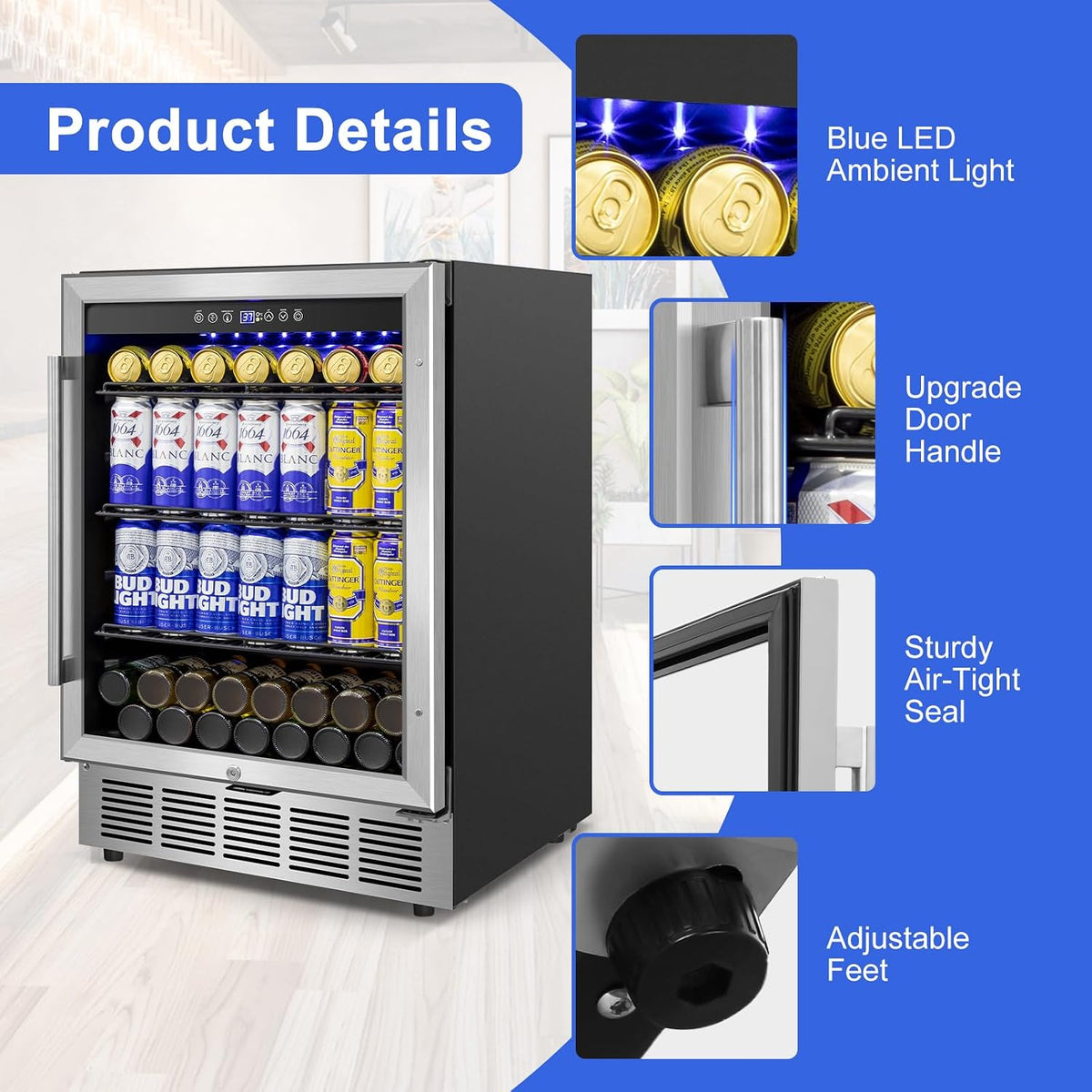 24" 200-Can Beverage Fridge, Under Counter/Freestanding with Glass Door
