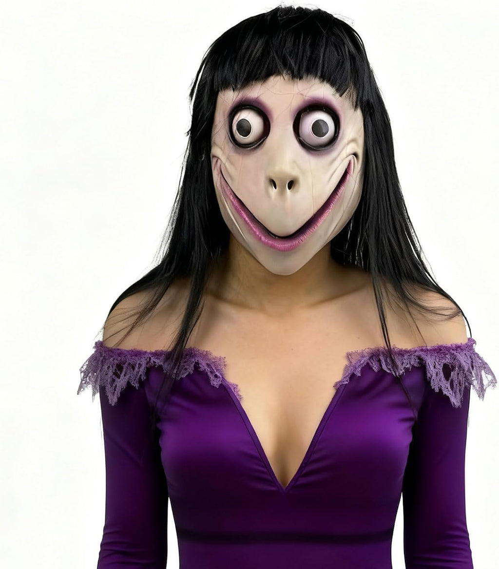 Long Wig Demon Horror Scream MOMO Head Mask, Adult Scary Halloween Cosplay Mask for Themed Party Props