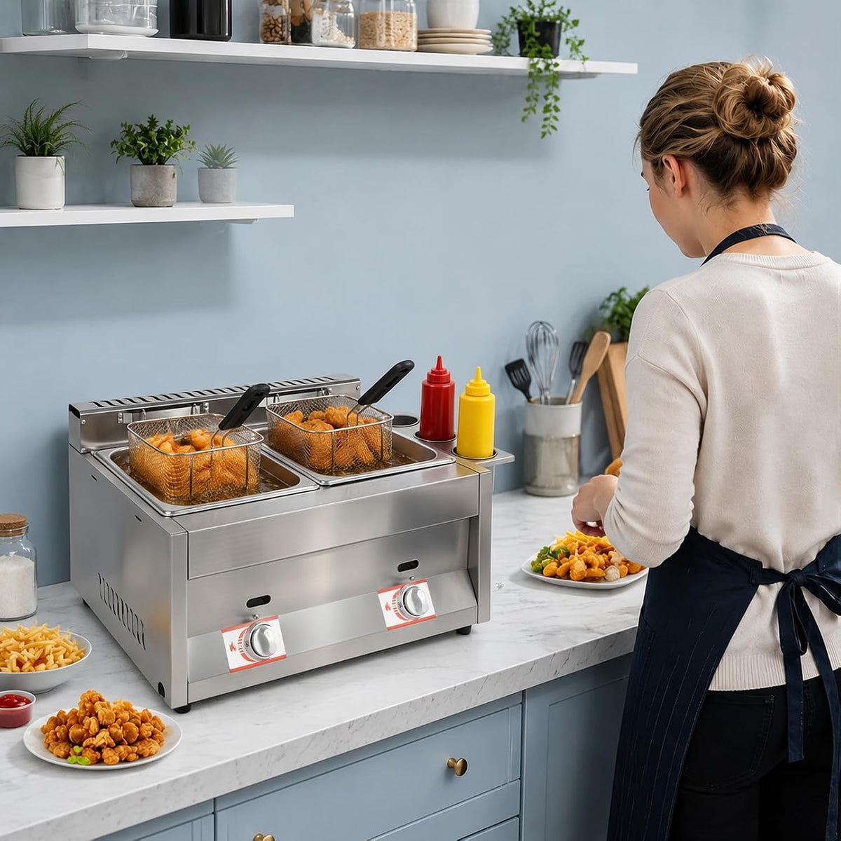 Dual 6.34Qt Tanks Countertop Gas Deep Fryer with 2 Baskets