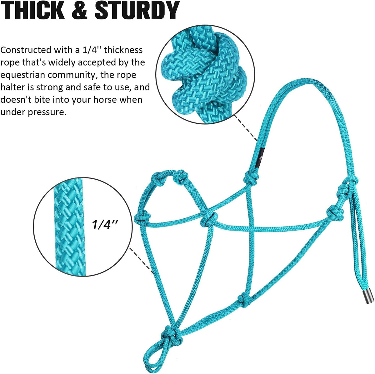 Super Sturdy Horse Rope Training Halter with 4 Knot 1/4" Stiff Halter Cord