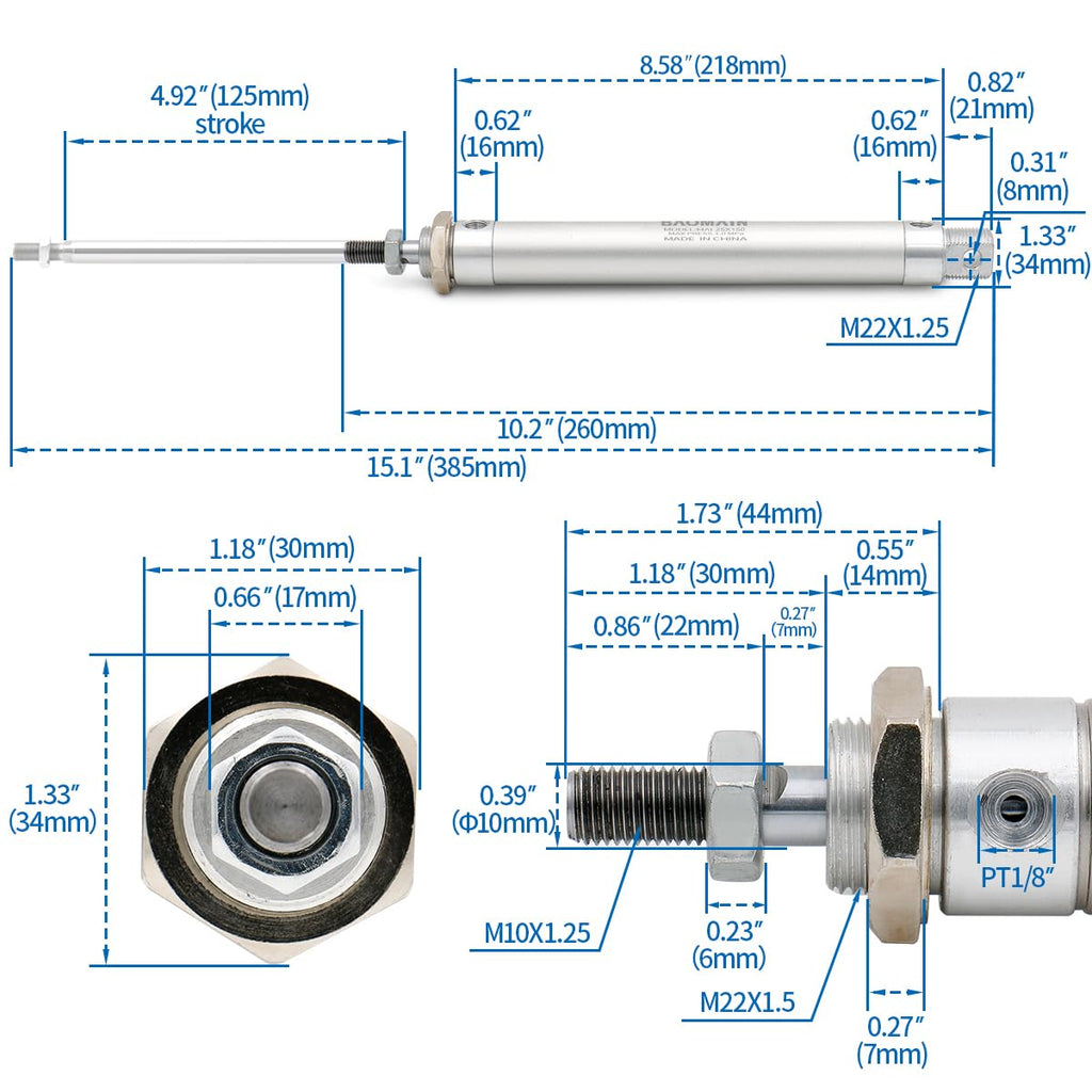 BAOMAIN Mini Pneumatic Air Cylinder 1" Bore 6" Stroke MAL 25x150