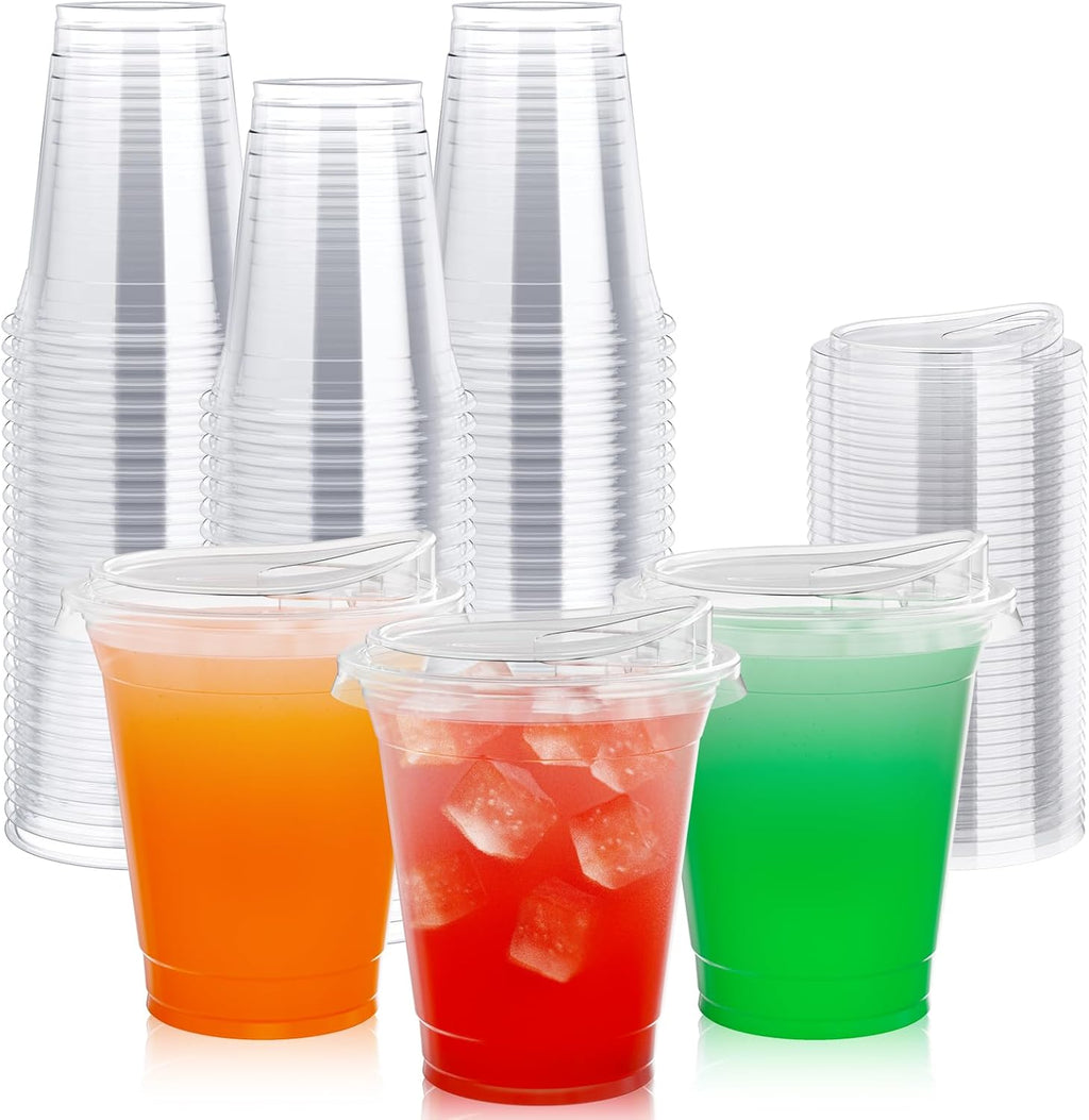 100 PACK 12 oz Clear Plastic Cups With Sip Lids, Strawless Lids