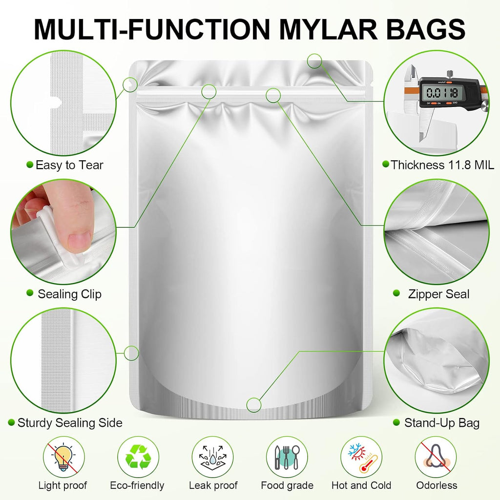 100-Pack Mylar Bags with 400cc Oxygen Absorbers for Food Storage | 11.8 Mil Heavy Duty, 3 Sizes (1 Gallon, 1 Quart
