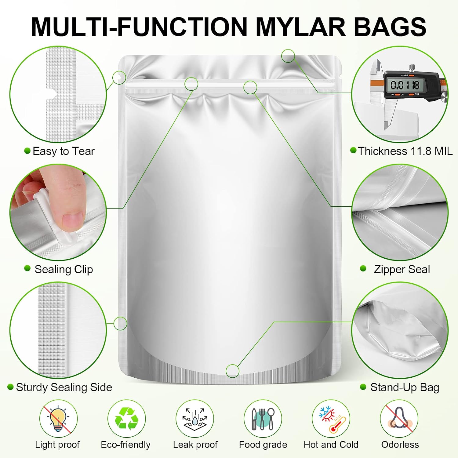 100-Pack Mylar Bags with 400cc Oxygen Absorbers for Food Storage | 11.8 Mil Heavy Duty, 3 Sizes (1 Gallon, 1 Quart