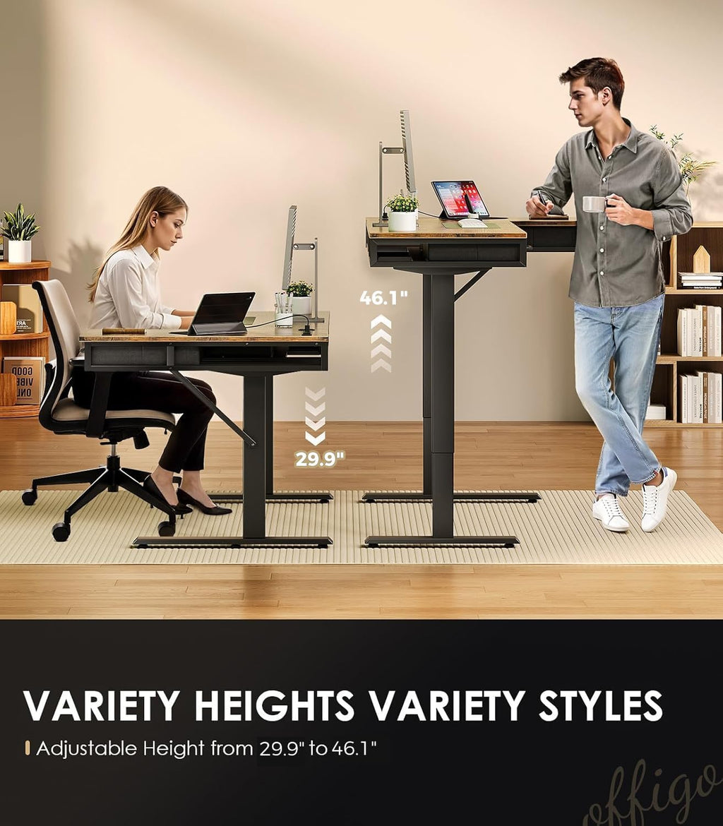63 Inch L Shaped Electric Standing Desk with Drawers, Height Adjustable Large Desk with Power Outlets, Sit Stand