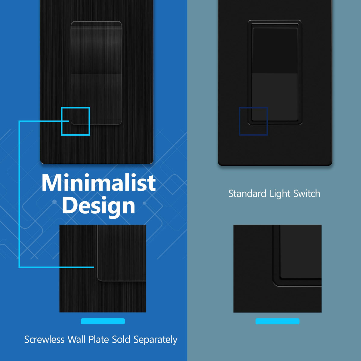 LIDER Decorator Light Switch, Frameless Paddle Wall Switch, 15A, 3-Way