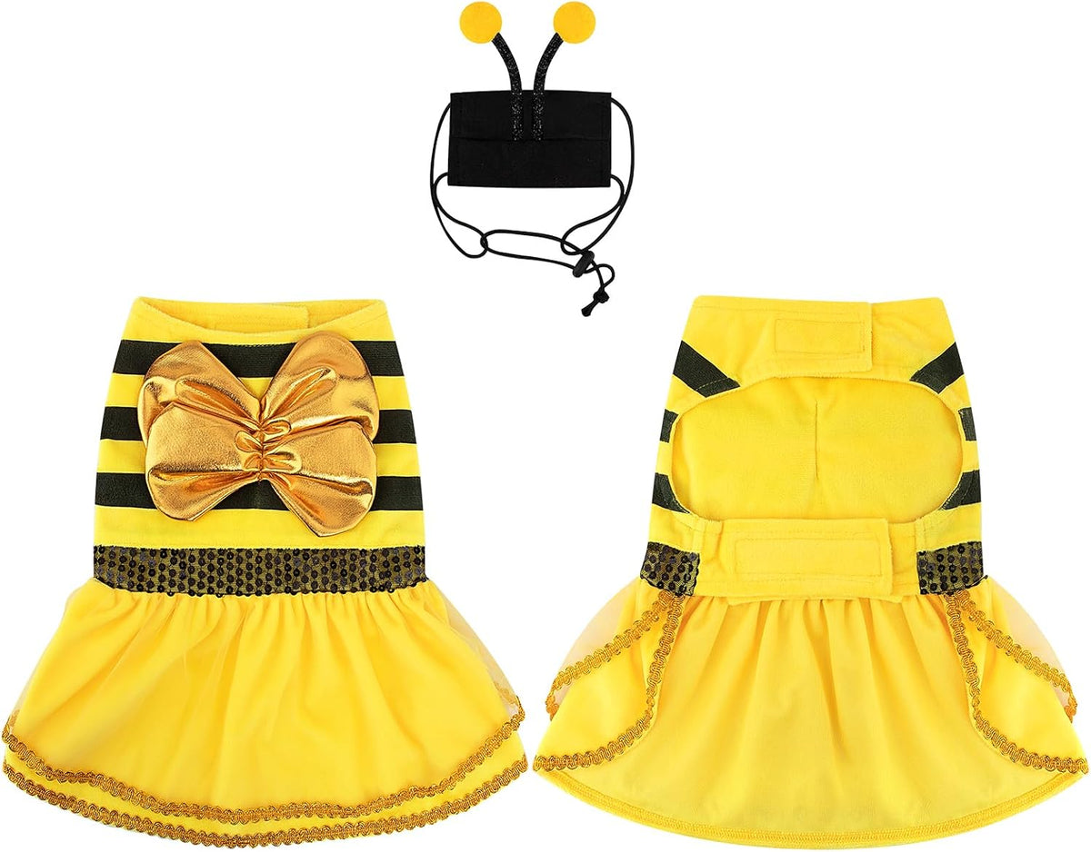Bee Dog Halloween Costumes, Bumblebee Dog Costume for Small Medium Dogs Cats, Puppy Clothes Outfit Dress with Cap for