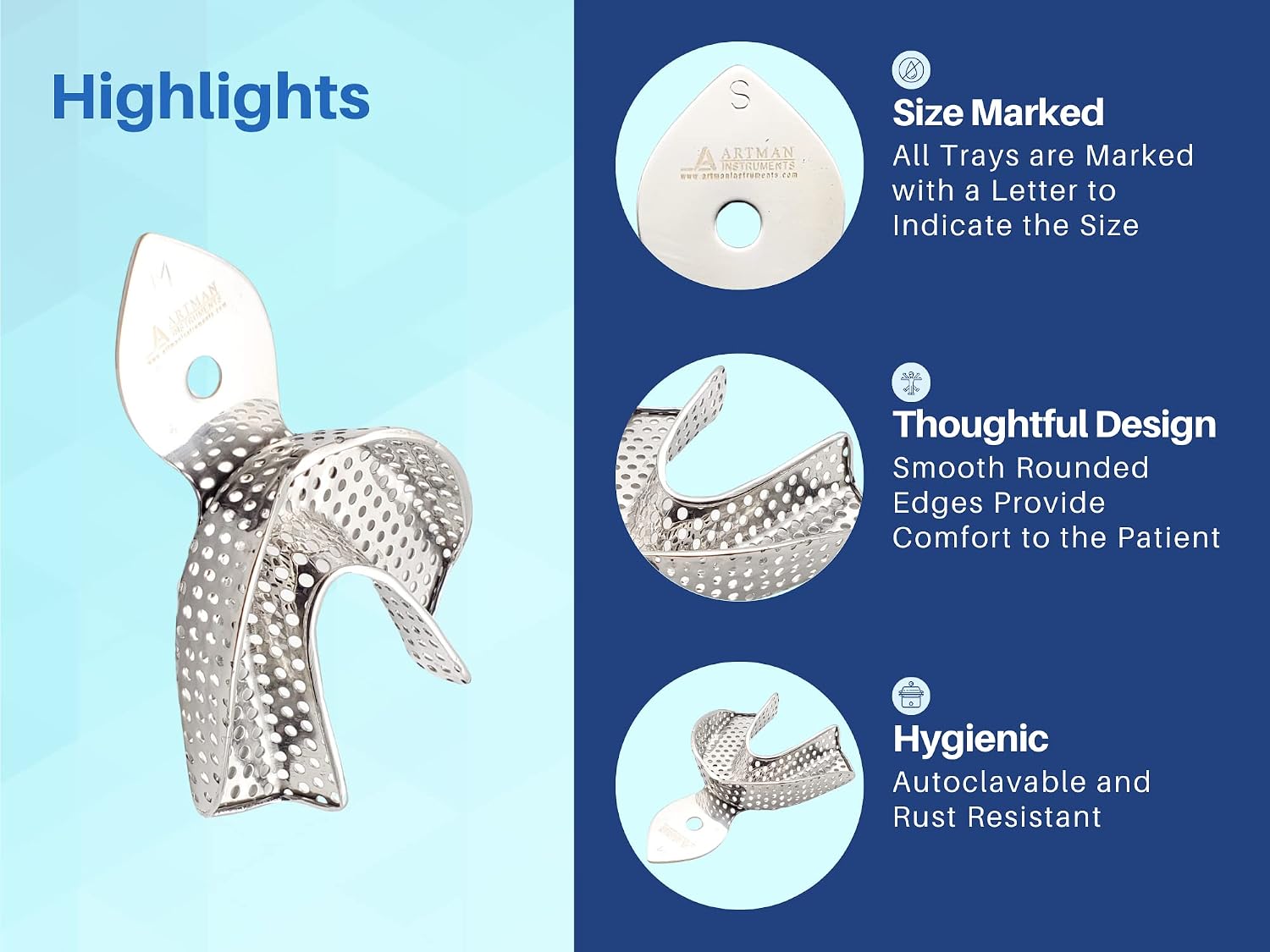 Dental Impression Trays – Set of 6 Stainless Steel, Perforated, Autoclavable Trays (Small, Medium, Large) for Upper &