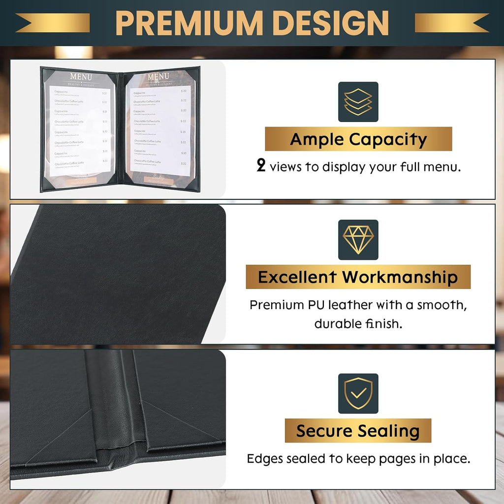 Menu Covers 8.5 x 11 Inch, 10 Pack, 2 View, Black PU Leather