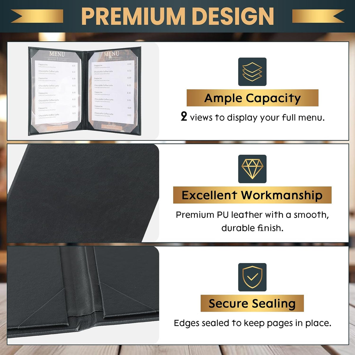 Menu Covers 8.5 x 11 Inch, 10 Pack, 2 View, Black PU Leather