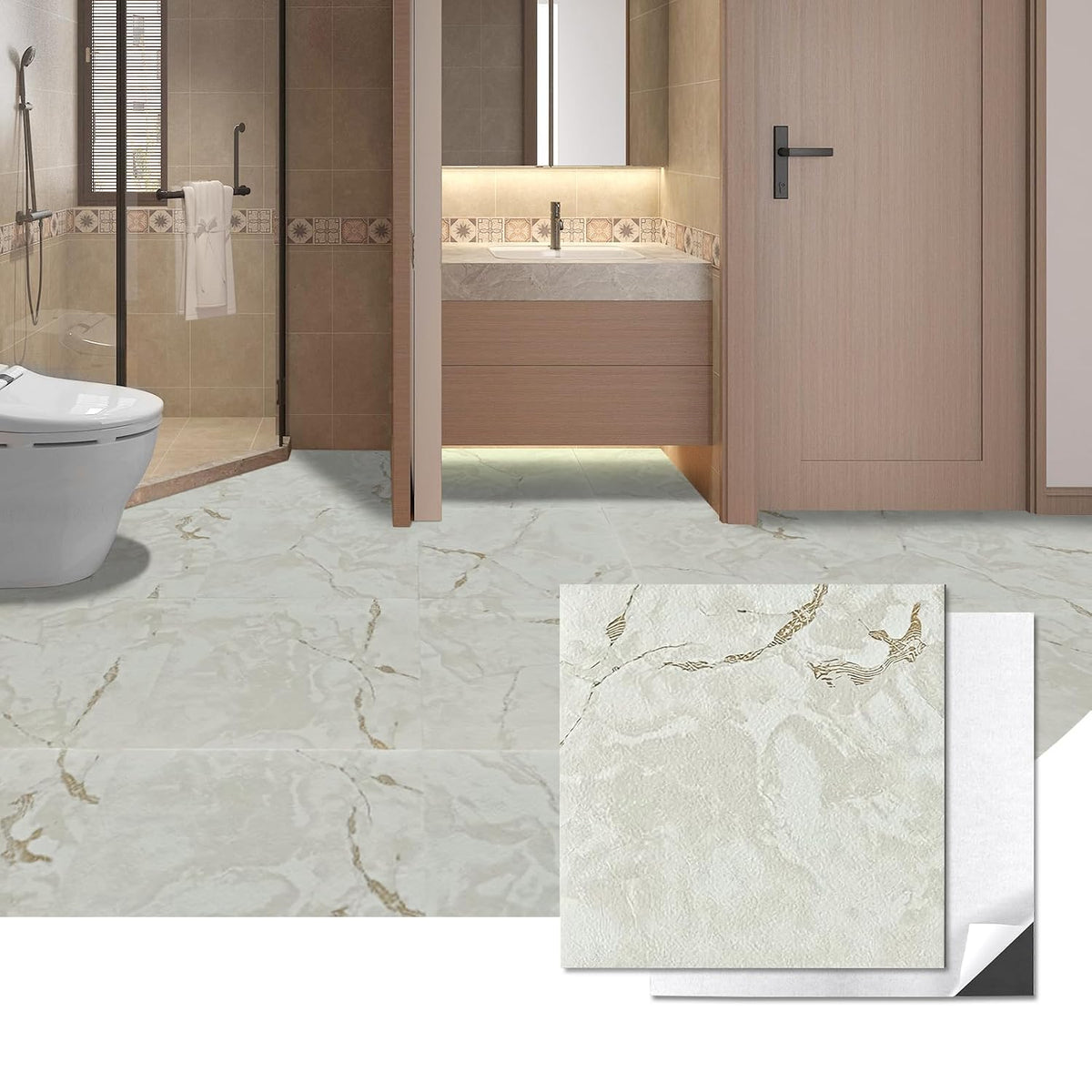 30-Pack Peel and Stick Floor Tiles, 12" x 12", White Grey Vein Marble