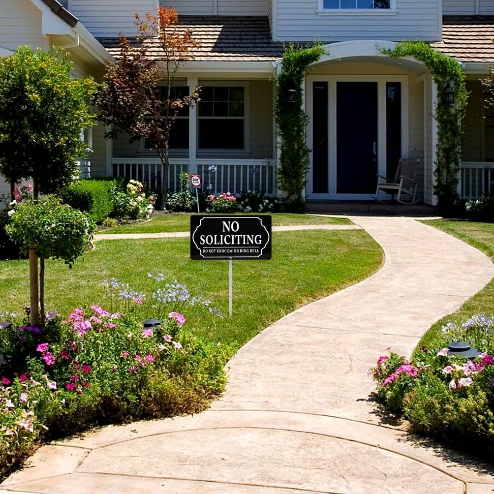 No Soliciting Sign for House with Metal Stake, 7 x 13 Inch/35 Inch High, Do Not Knock or Ring Bell, Aluminum Yard