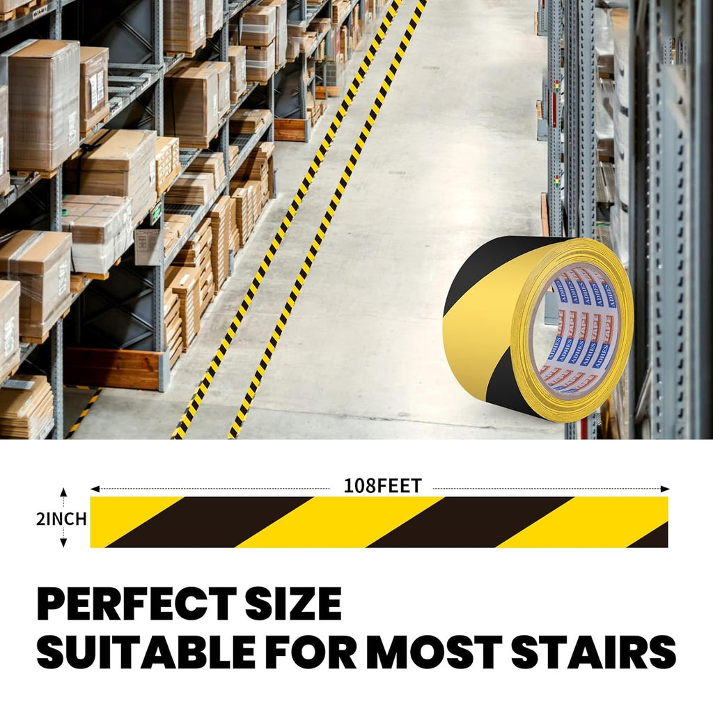 ADHES Black and Yellow Safety Tape, 2 Inch X 108 Feet Warning & Hazard Tape | Weather-Resistant Caution Tape Roll for