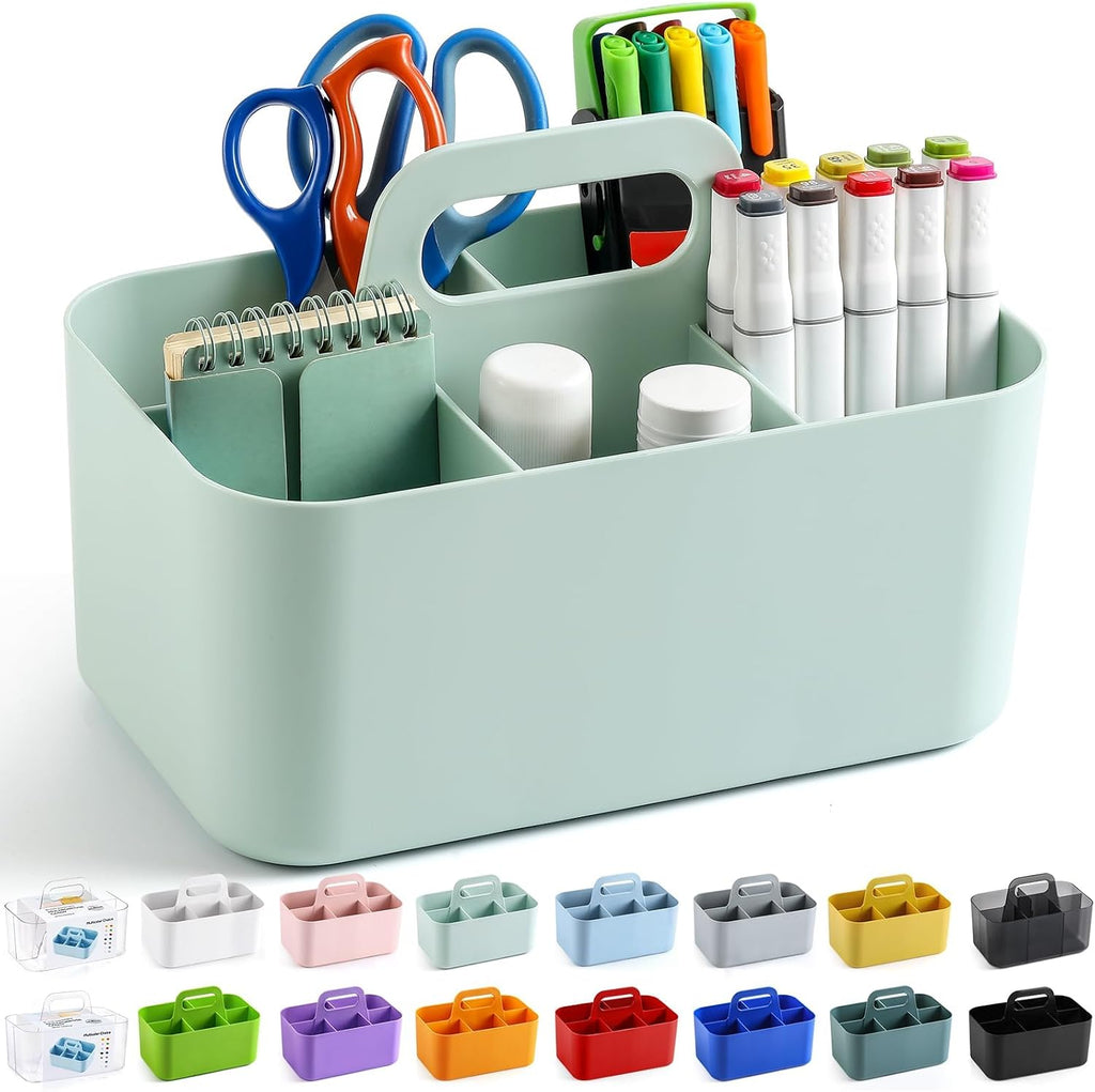 Multiuse Caddy Organizer with Handle, Portable Divided Plastic Tote Bin - Art Craft, Stationary Pen Marker Crayons