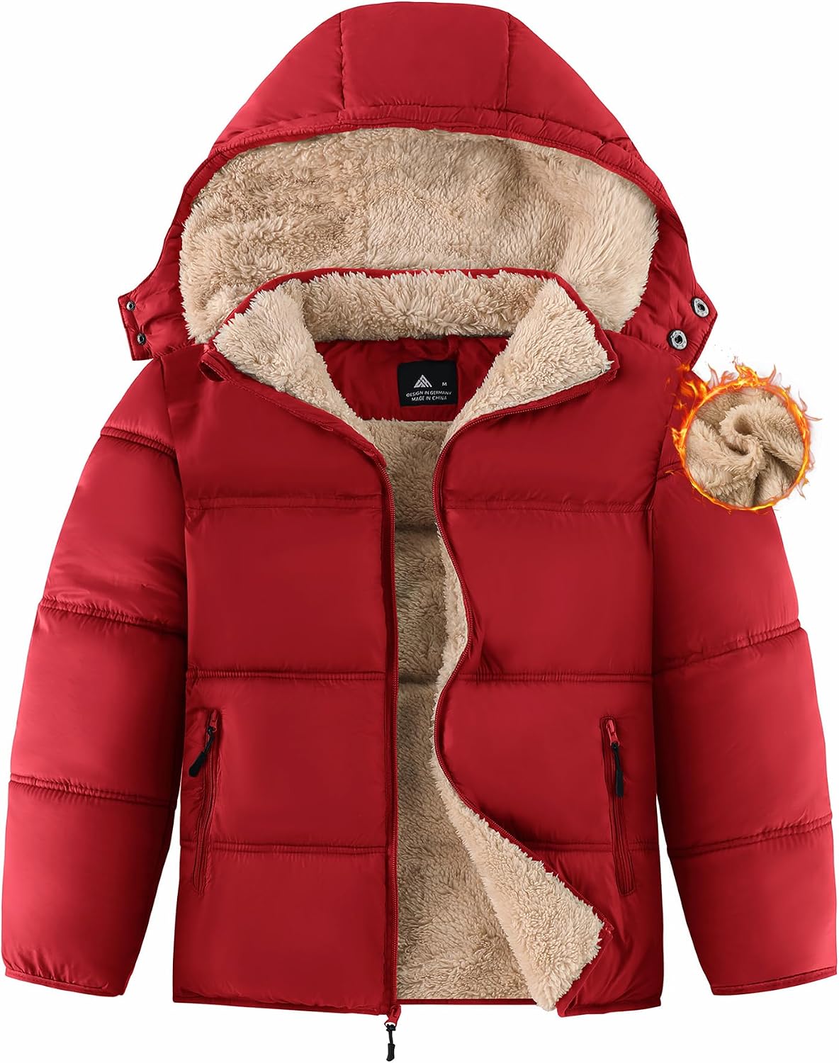 Boy's Winter Coat Thermal Puffer Jacket Warm Sherpa Fleece Lined Water-Resistant Zip Outerwear Coat with Detachable Hood