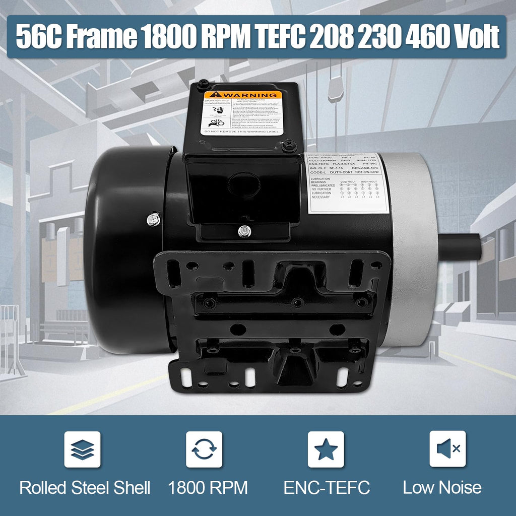 1 HP 3 Phase 56C Frame 1800 RPM TEFC Electric Motor