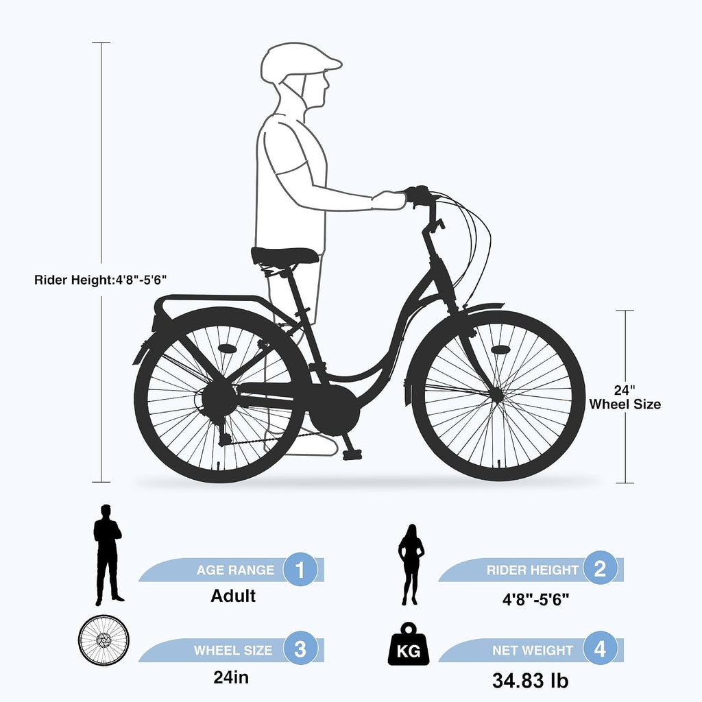 24/26 Inch Girls Cruiser Bike 24/26 Inch Beach Cruiser Bike for Women，City Hybrid Bike 7 Speeds Bicycle Commuter Bike