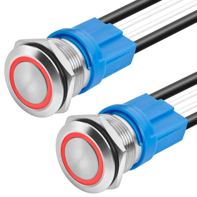 KWONONG LED Latching Push Button Switch, Stainless Steel, IP67 Waterproof 5-24V 20A 1NO, with Wire Socket Plug (2, Red, 19mm)