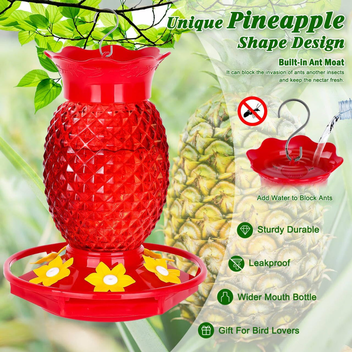 Glass Hummingbird Feeders for Outdoors Hanging 16oz 2 Pack Red Pineapple Bee & Ant Proof 360°Perch Leakproof Easy