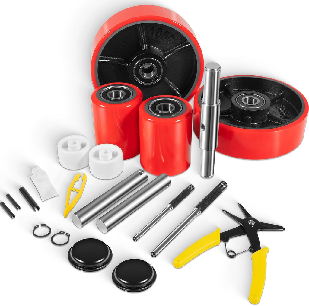 Pallet Jack Wheels Set for Most Manual Pallet Jacks, Full Set with Axles, Pair of Steering Wheels 7"x 2" and Load