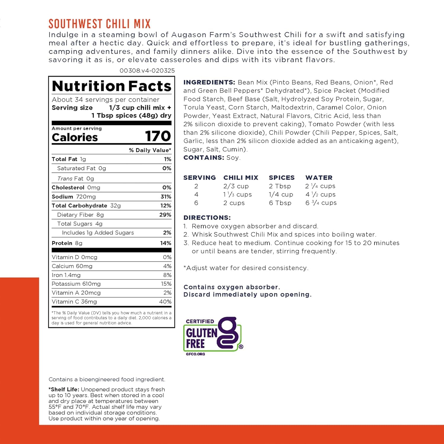 Southwest Chili Mix Can | Emergency Food Supply, 34 Servings, 10 Year Shelf Life, 8 Grams of Protein per Serving