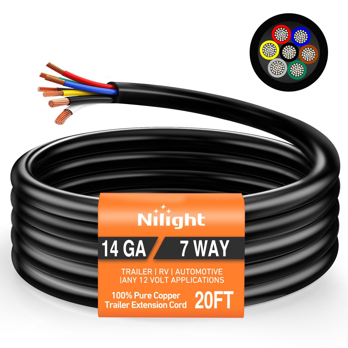 Nilight 20 Feet 7 Way Trailer Extension Cable 14 Gauge 7 Conductor