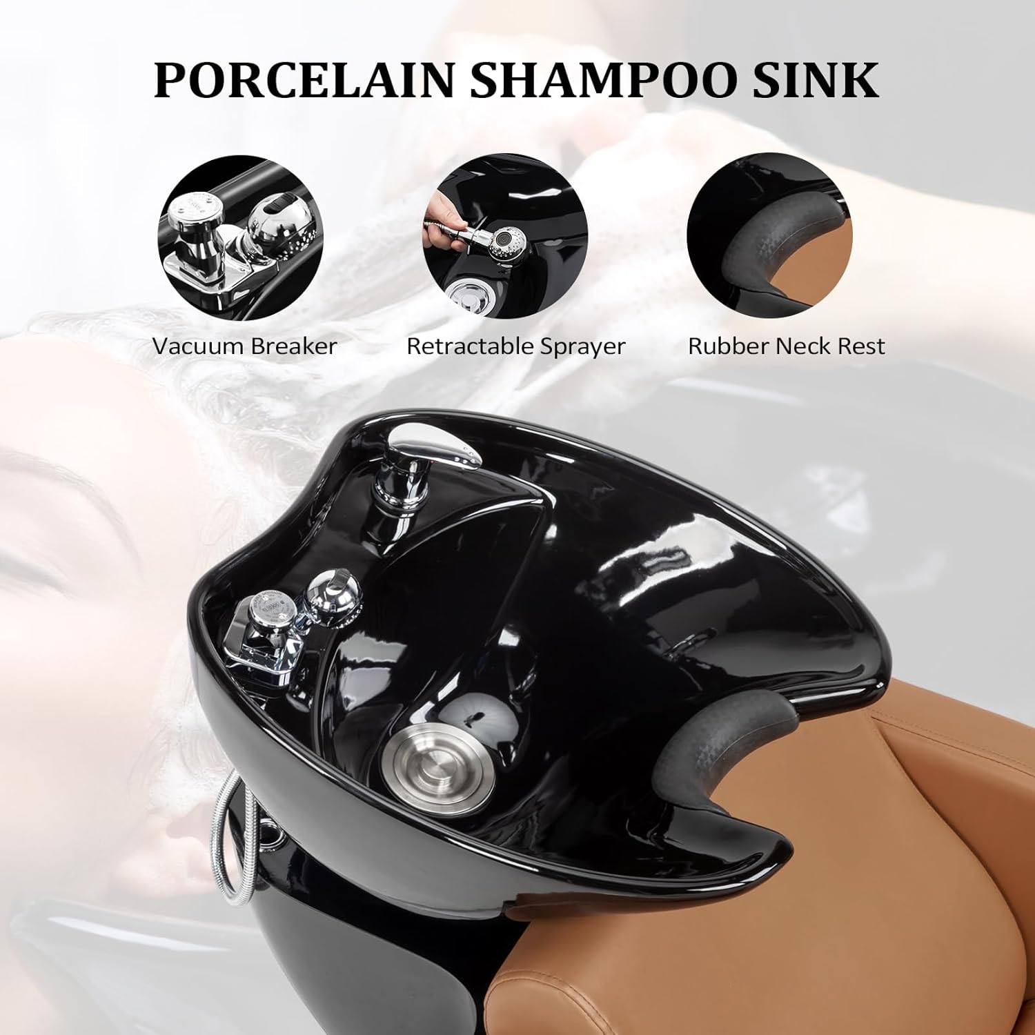 Salon Shampoo Bowl and Chair, Extra Wide Seat & Porcelain Hair Washing Sink, Shampoo Unit for Beauty Spa Barbershop