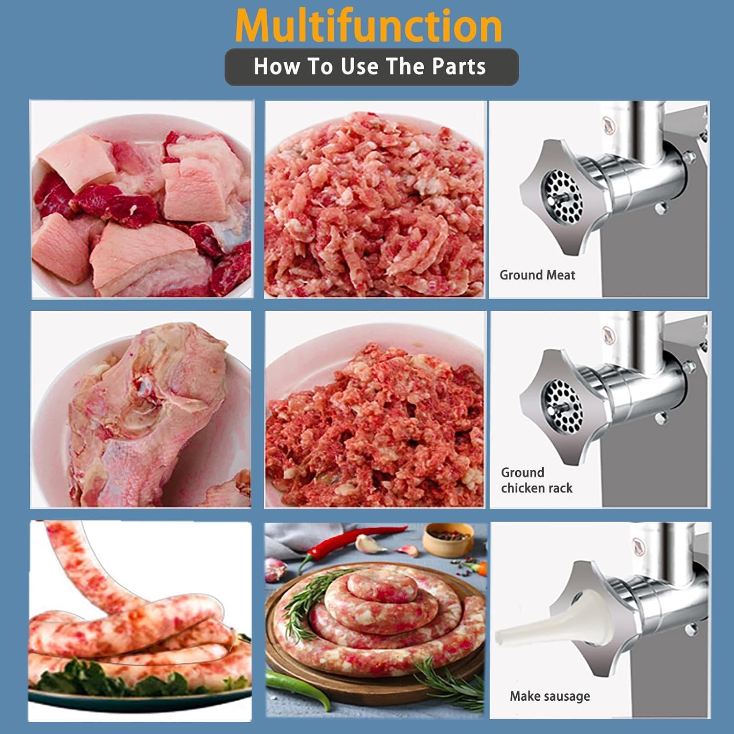 Commercial Electric Meat Grinder 800w - Heavy Duty 120KG/h High Capacity with Copper Motor, ETL Certified. Includes