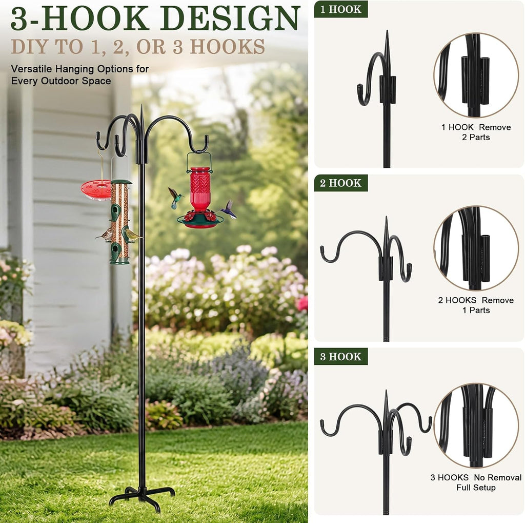 Heavy Duty Shepherds Hook 76" Triple Hooks - Metal 5-Prong Base, Adjustable (44/60/76") - 17lb Capacity Bird Feeder