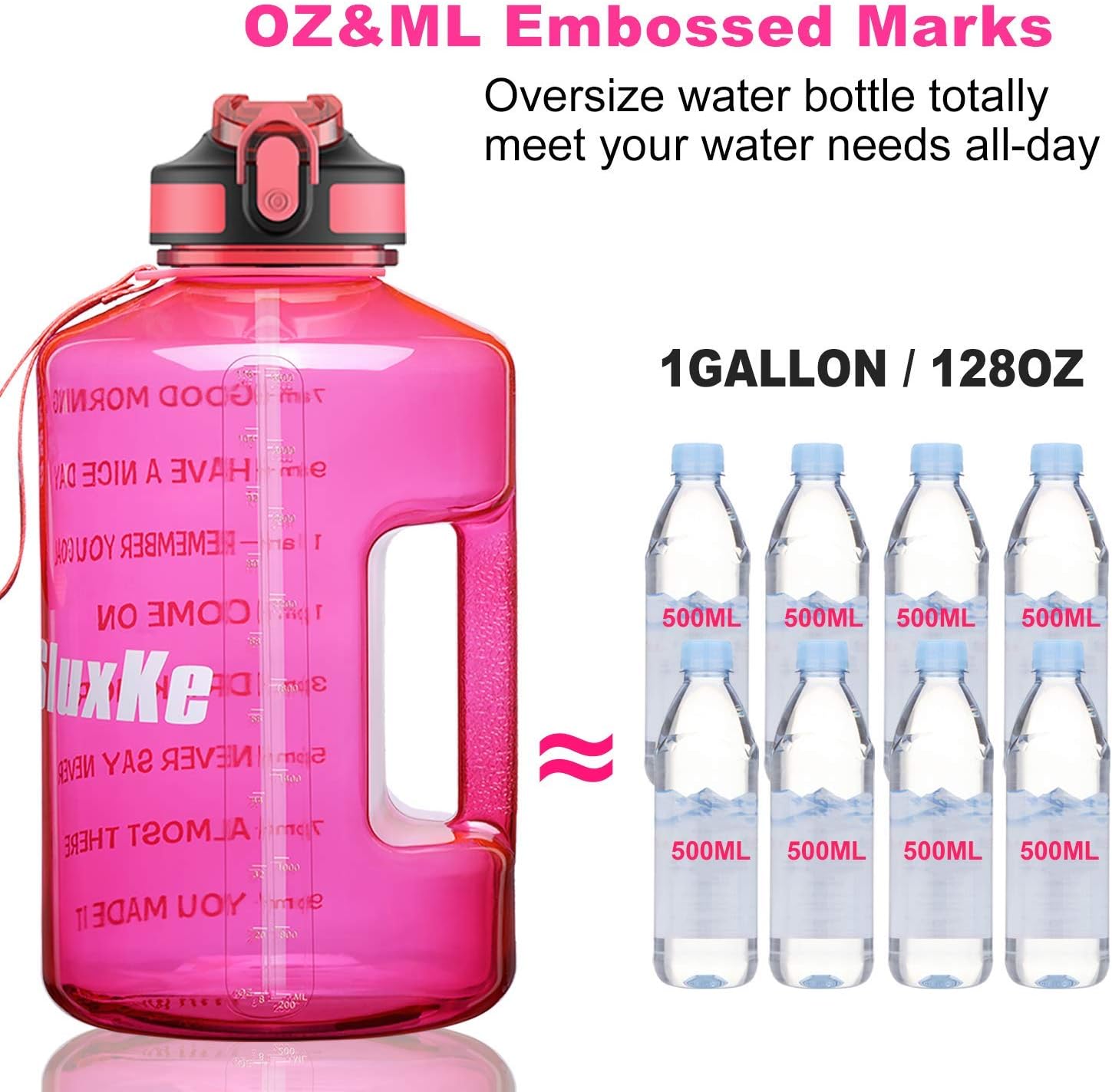 1 Gallon Motivational Sports Water Bottle with Time Marker, BPA Free 128oz Leak Proof Jug, Black, Plastic, 128