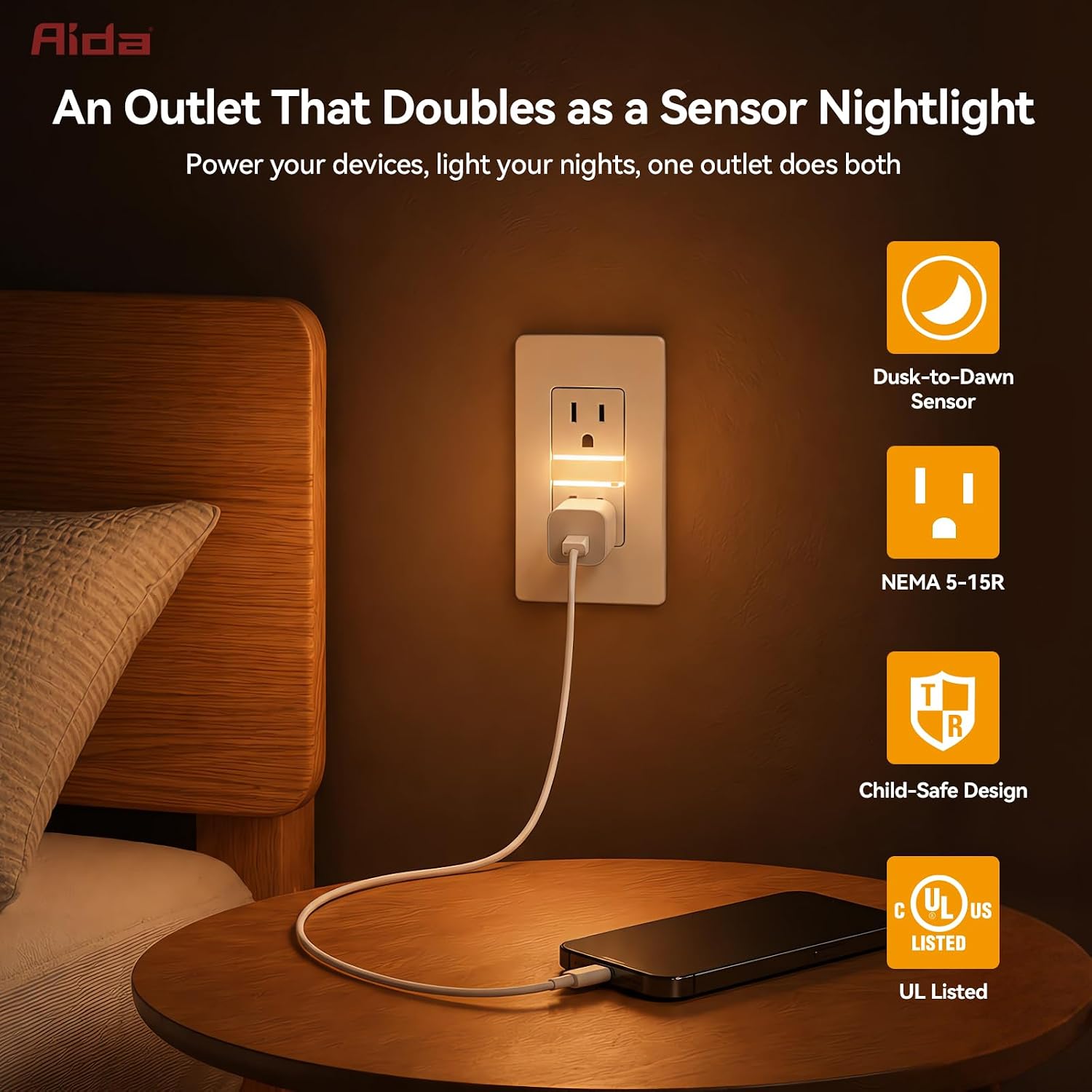 Self-Grounding Tamper-Resistant Wall Outlet with 3000K LED Night Light and Weatherproof Cover, White, 1 Pack