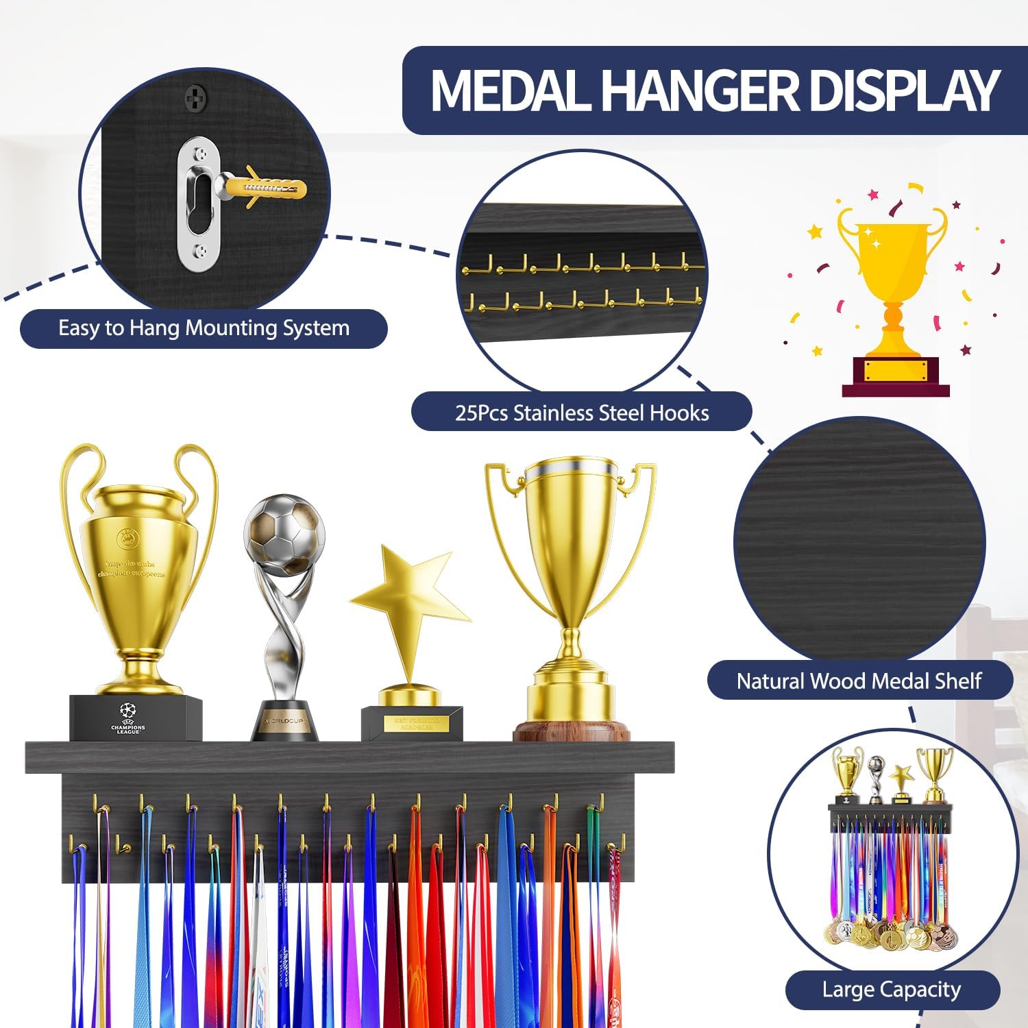 Medal Holder Display Trophy Shelf Organizer, Sturdy Wooden Race Award Hanger Rack with 25 Steel Hooks, Wall Mount