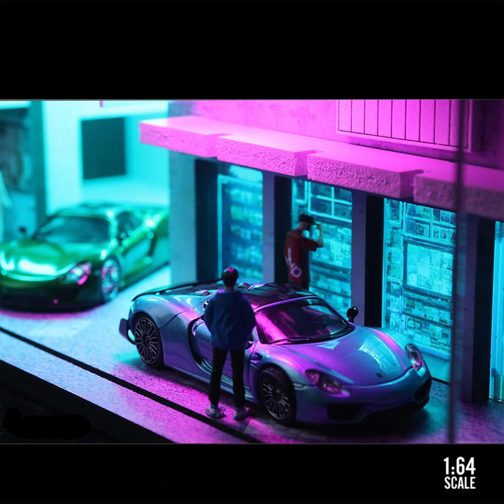 1/64 Neon Style LED Diorama Display Case for Model Car & Figures | Compatible with Hot Wheels Matchbox Mini GT