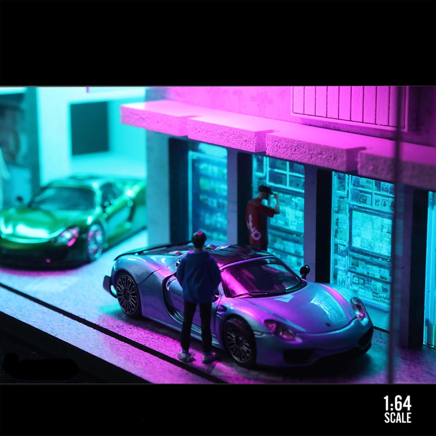 1/64 Neon Style LED Diorama Display Case for Model Car & Figures | Compatible with Hot Wheels Matchbox Mini GT