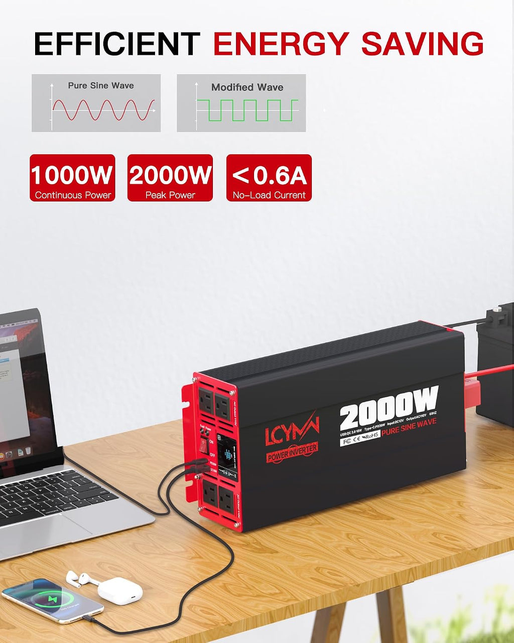 2000 Watts Pure Sine Wave Power Inverter 12V DC to 110V 120V AC Converter for Home RV Off Grid Truck Solar System