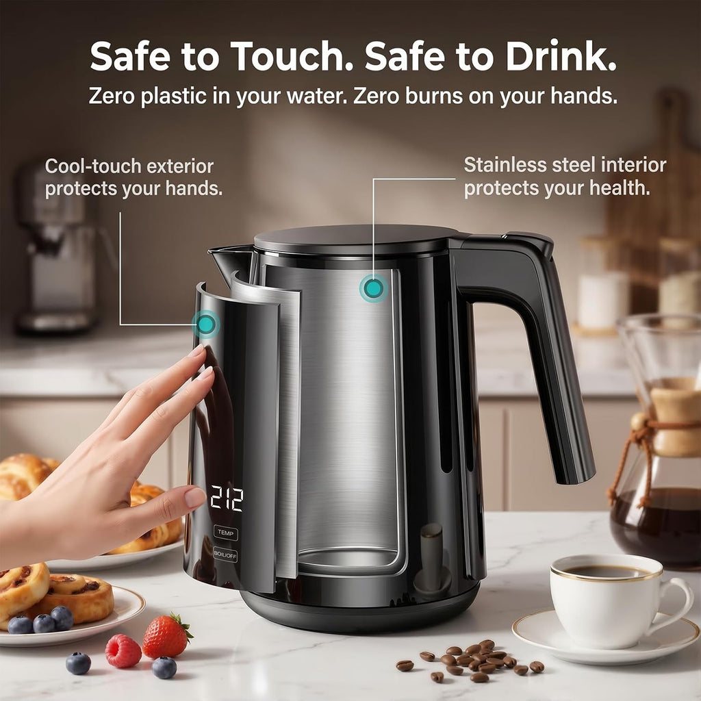 Electric Kettle 1.0L, 1200W Fast Boiling, 7 Temp Settings & 4H Keep Warm | Stainless Steel Inner, BPA-Free, Auto