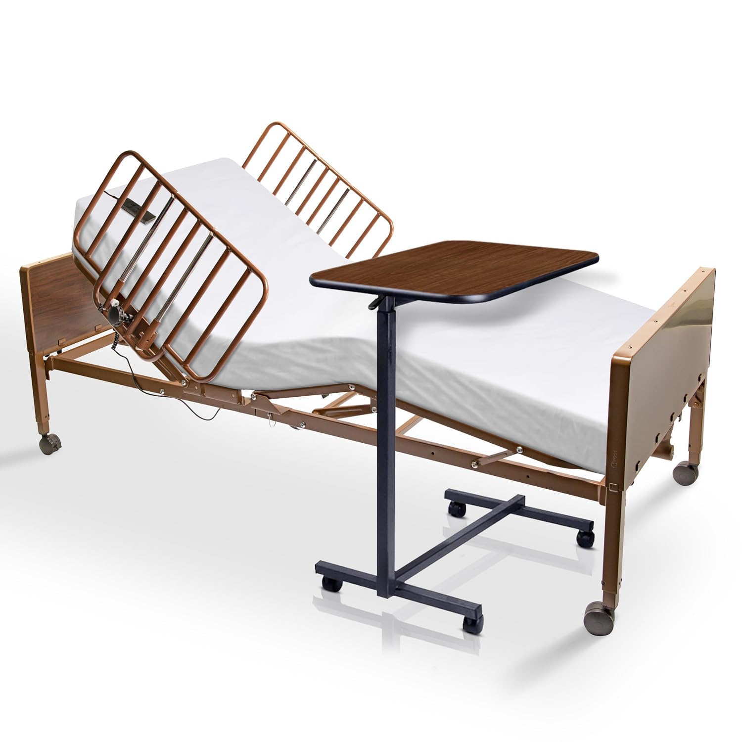 Electric Hospital Bed for Home Use - Includes Foam Mattress, Half Rails, Overbed Table - Medical Bed Set for Long