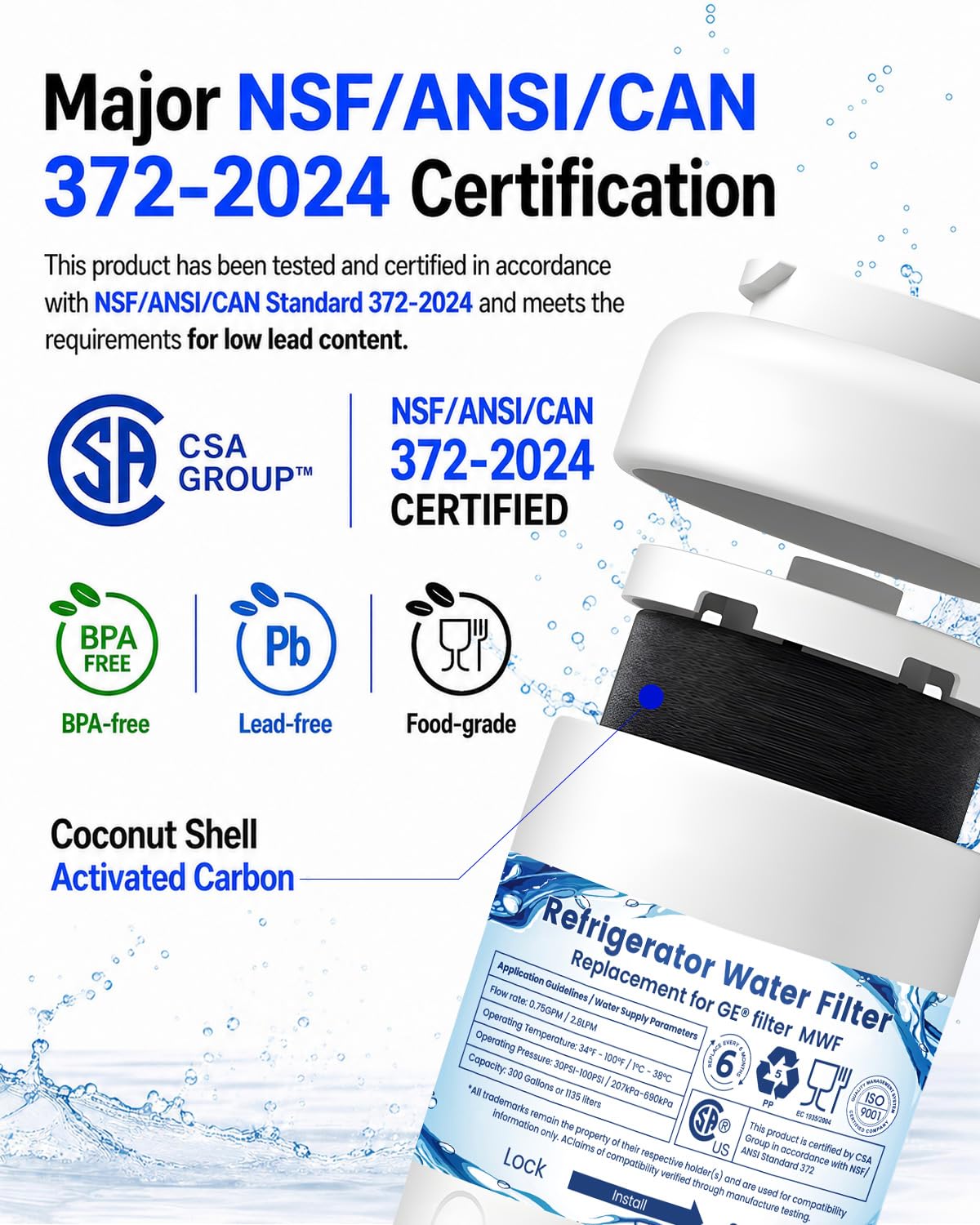 Mutital Water Filter Cartridges, Replacement for GE MWF, 3‑Pack
