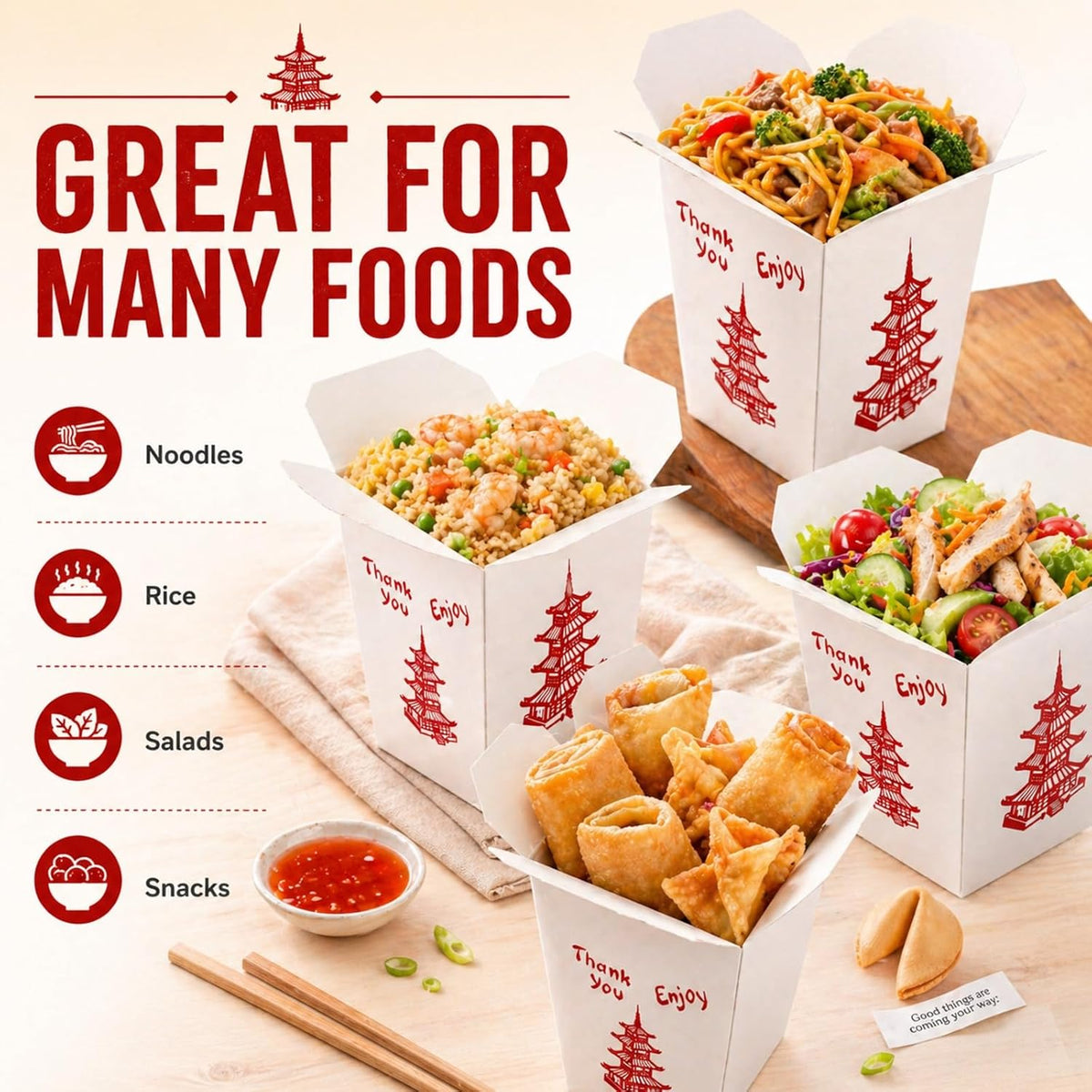 50 Sets 32 oz Chinese Take Out Boxes with Disposable Chopsticks