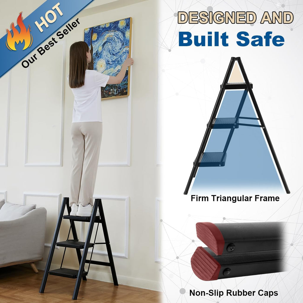 Folding 3 Step Ladder, Sturdy 330 Lbs Load Small Step Stool for Adults, Safer Full Steel Multi-use Kitchen Ladder for