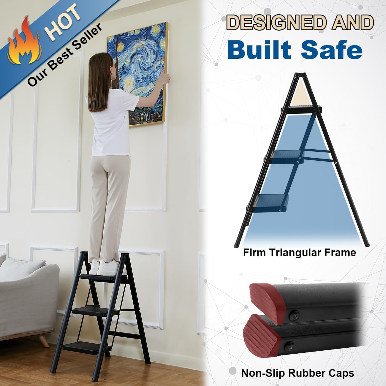 Folding 3 Step Ladder, Sturdy 330 Lbs Load Small Step Stool for Adults, Safer Full Steel Multi-use Kitchen Ladder for
