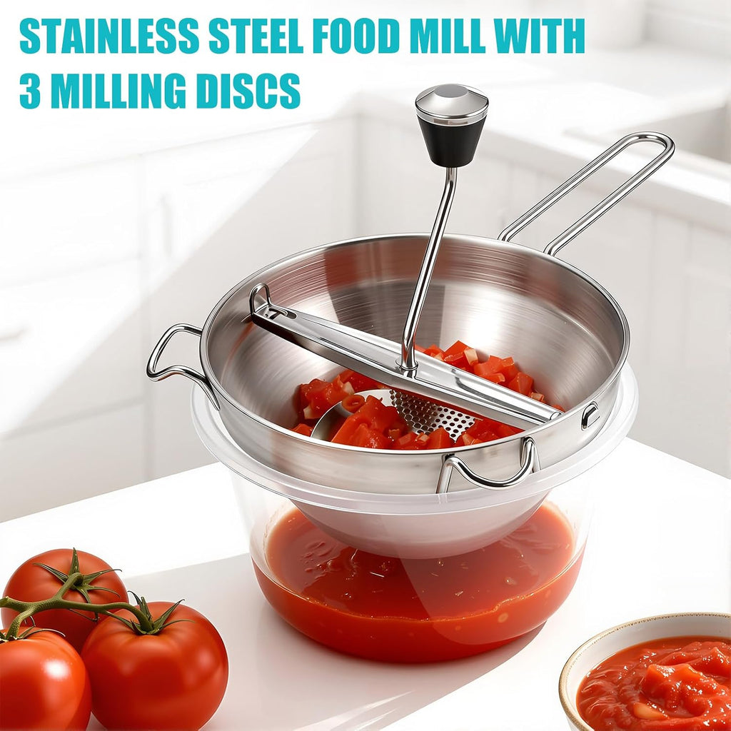 Stainless Steel Food Mill with 3 Grinding Discs - Rotary Hand Crank for Tomato Sauce, Mashed Potatoes, Applesauce