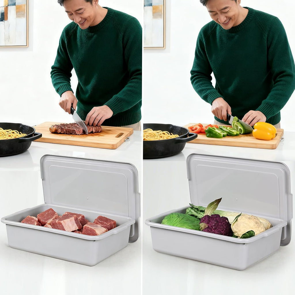 3-Pack Plastic Bus Tub, 13 L Plastic Meat Lug with Lid, Gray