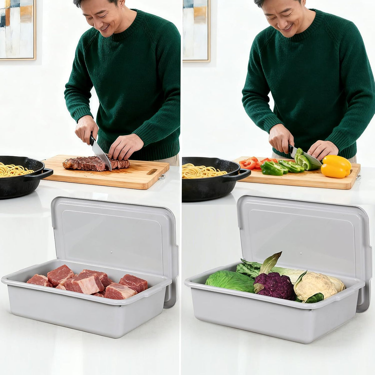 3-Pack Plastic Bus Tub, 13 L Plastic Meat Lug with Lid, Gray