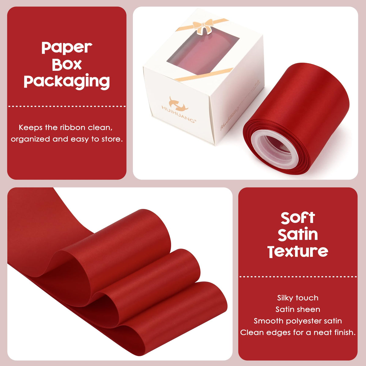 Double Faced 3 inch Satin Ribbon Red Ribbon Continuous 10 Yards