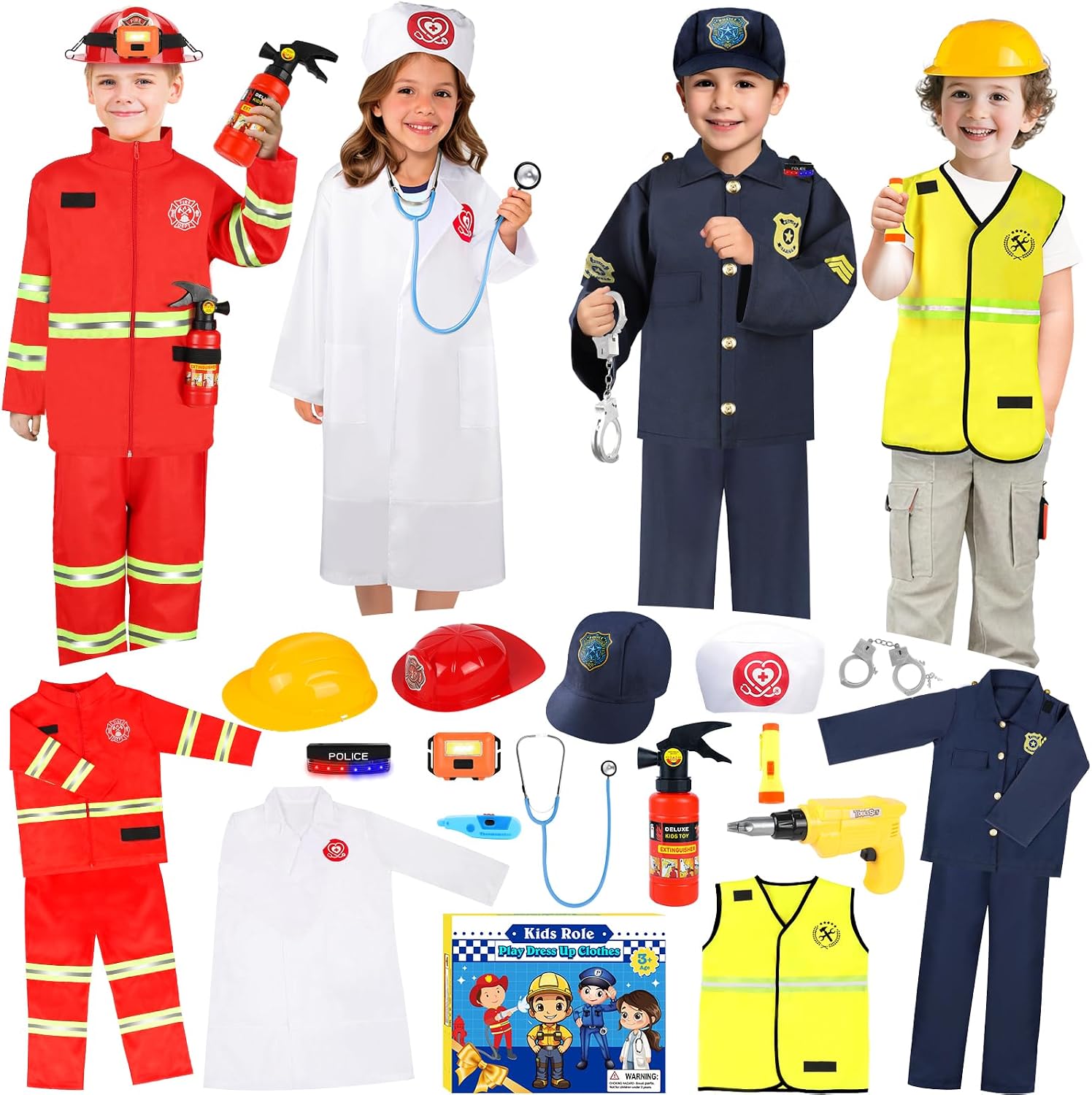 Toddler Dress Up Clothes,4 In 1 Role Play Costumes for kids 3–8 | Includes Police, Doctor,Fireman,Engineer for kids