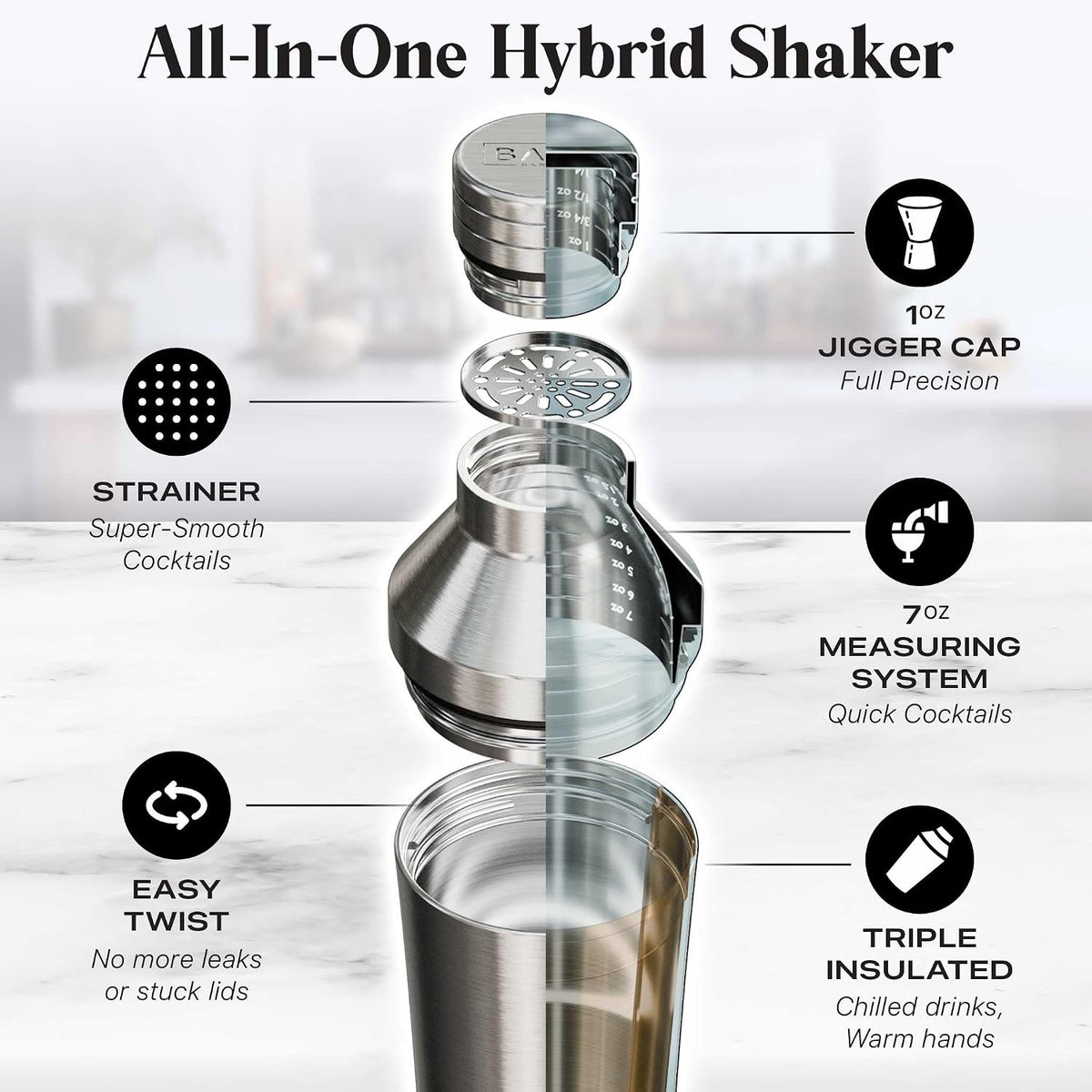 Insulated Cocktail Shaker | Vacuum Double Wall Stainless Steel (Silver)